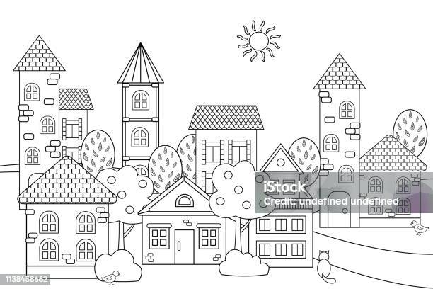 Vector Landscape With Houses For Coloring Book Stock Illustration - Download Image Now - Coloring, Coloring Book Page - Illlustration Technique, House