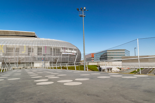 Villeneuve d'Ascq,FRANCE-March 24,2019: View of the modern stadium of the Losc football club.Stade Pierre-Mauroy is a multi-use arena, retractable roof stadium in Villeneuve-d'Ascq near Lille.