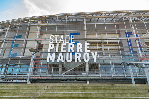 Villeneuve d'Ascq,FRANCE-March 24,2019: View of the modern stadium of the Losc football club.Stade Pierre-Mauroy is a multi-use arena, retractable roof stadium in Villeneuve-d'Ascq near Lille.