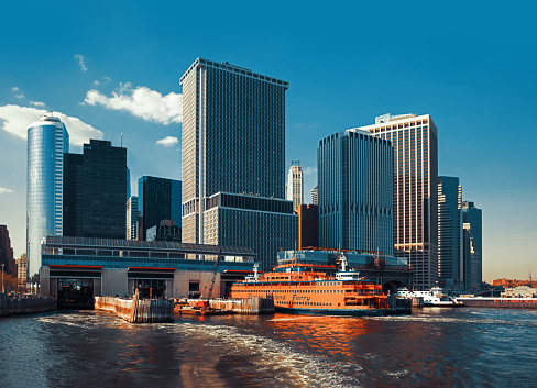 NEW YORK, USA - May 04, 2015: Staten Island Ferry Whitehall Terminal in Lower Manhattan used by Staten Island Ferry, which connects two island boroughs of Manhattan and Staten Island in NYC