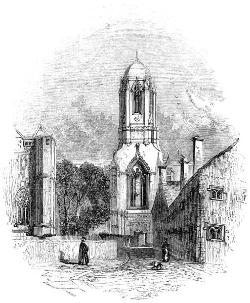 Tom Tower at Christ Church in Oxford, England - 17th Century Tom Tower at Christ Church in Oxford, England from the Works of William Shakespeare. Vintage etching circa mid 19th century. oxfordshire stock illustrations