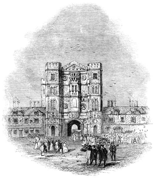 York Place at Westminster in London, England - 16th Century York Place (Palace of Whitehall) at Westminster in London, England (circa 16th century) from the Works of William Shakespeare. Vintage etching circa mid 19th century. York Place would later become the Palace of Whitehall which subsequently was destroyed by fire in the 17th century. whitehall street stock illustrations