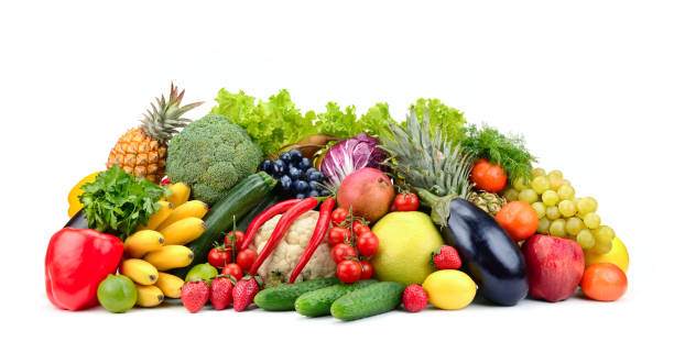 Variety healthy fruits, vegetables, berries stock photo
