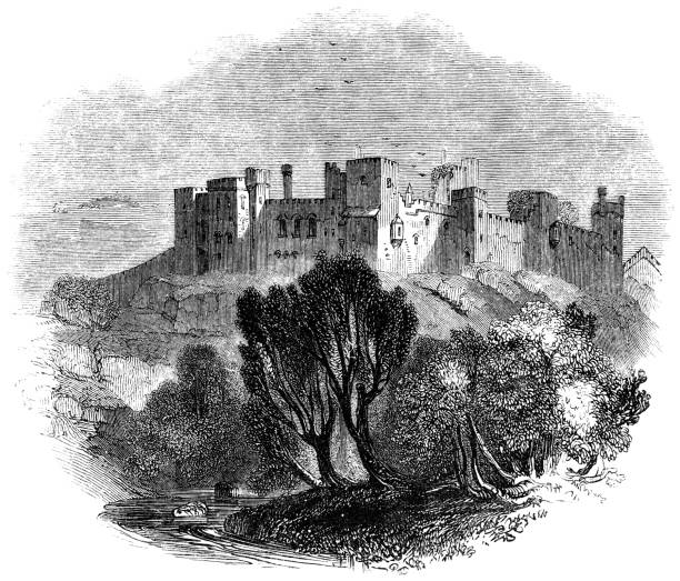 Ludlow Castle in Ludlow, England - 15th Century Ludlow Castle in Ludlow, Shropshire, England (circa 15th century) from the Works of William Shakespeare. Vintage etching circa mid 19th century. ludlow shropshire stock illustrations