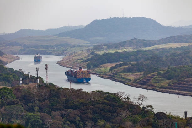 cargo ships at the panama canal, panama, latin america