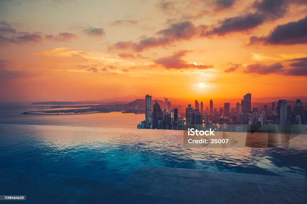 panama city skyline at sunset beautiful view over panama city at sunset. Panama City - Panama Stock Photo