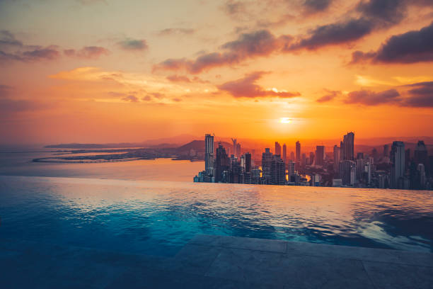 panama city skyline at sunset beautiful view over panama city at sunset. panama city panama stock pictures, royalty-free photos & images