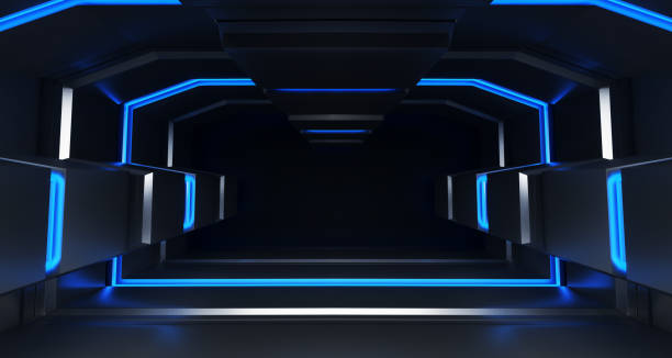 istock Futuristic Background Neon Glowing Sci Fi Dark Empty Corridor Tunnel Hall Vibrant Blue Fluorescent Spaceship Cyberpunk Future Virtual Reality 3D Rendering 1138466297