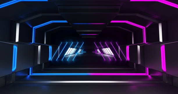 istock Futuristic Background Neon Glowing Sci Fi Dark Empty Corridor Tunnel Hall Vibrant Purple Blue Fluorescent Spaceship Cyberpunk Future Virtual Reality 3D Rendering 1138467088