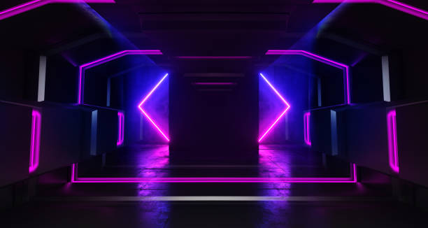istock Futuristic Background Neon Glowing Sci Fi Dark Empty Corridor Tunnel Hall Vibrant Purple Blue Fluorescent Spaceship Cyberpunk Future Virtual Reality 3D Rendering 1138467178