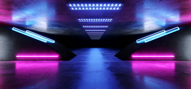 istock Empty Sci Fi Futuristic Retro Fluorescent Luminous Triangle Shaped Neon Tube Laser Led Glowing Vibrant Lights On Grunge Concrete Reflective Dark Tunnel Corridor 3D Rendering 1138467311