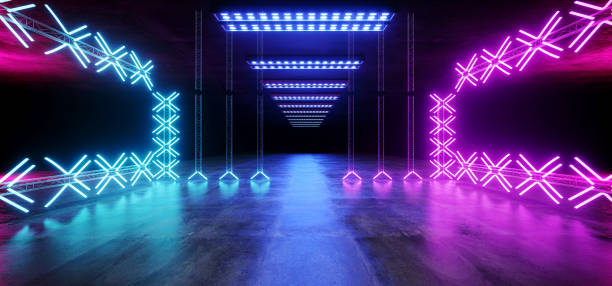 istock Sci Fi Asphalt Futuristic Dance Stage Empty Metal Construction Structure Tunnel Underground Show Neon Glowing Laser Led Vibrant Purple Blue Grunge Concrete Virtual 3D Rendering 1138467408