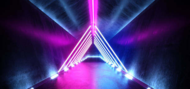 istock Dark Empty Sci Fi Futuristic Background Long Garage Underground Modern Tunnel Corridor Spaceship Glowing Neon Laser Vibrant Blue Purple Triangle Shaped 3D Rendering 1138467464