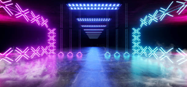 istock Smoke Sci Fi Asphalt Futuristic Dance Stage Empty Metal Construction Structure Tunnel Underground Show Neon Glowing Laser Led Vibrant Purple Blue Grunge Concrete Virtual 3D Rendering 1138467669