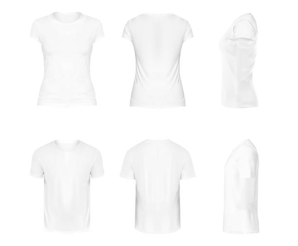 Vector realistic set of white round neck t-shirts with short sleeves, sportswear, sport uniform for football or rugby isolated on white background. Mockup for clothes design, front, rear and side view Vector realistic set of white round neck t-shirts with short sleeves, sportswear, sport uniform for football or rugby isolated on white background. Mockup for clothes design, front, rear and side view round neckline stock illustrations