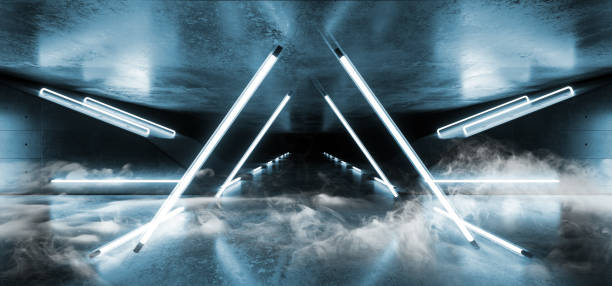 istock Smoke Empty Blue Sci Fi Futuristic Retro Fluorescent Luminous Triangle Shaped Neon Tube Laser Led Glowing Vibrant Lights On Grunge Concrete Reflective Dark Tunnel Corridor 3D Rendering 1138467753