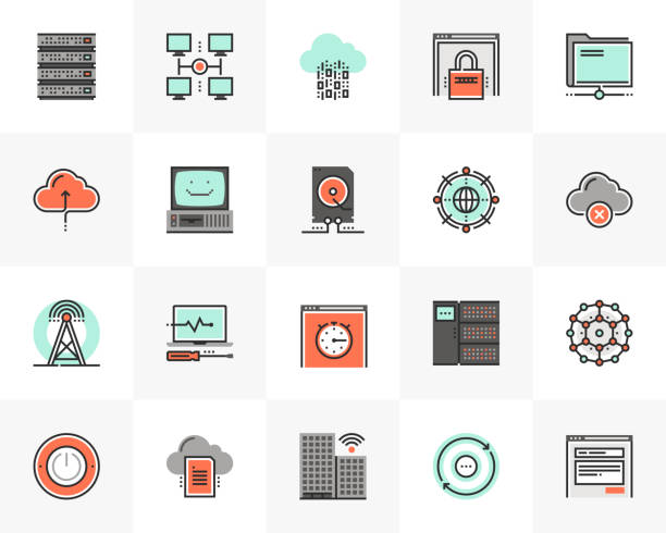 ilustraciones, imágenes clip art, dibujos animados e iconos de stock de tecnología de red futuro siguiente iconos pack - data technology network server center