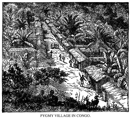 Pygmy village in Congo. - Scanned 1890 Engraving