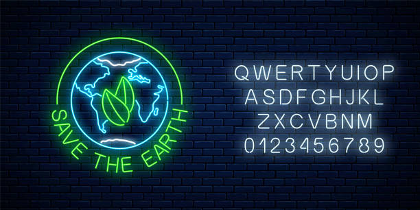 ilustrações de stock, clip art, desenhos animados e ícones de glowing neon sign of world earth day with leaves in globe symbol and text with alphabet. earth day neon banner. - earth day banner placard green