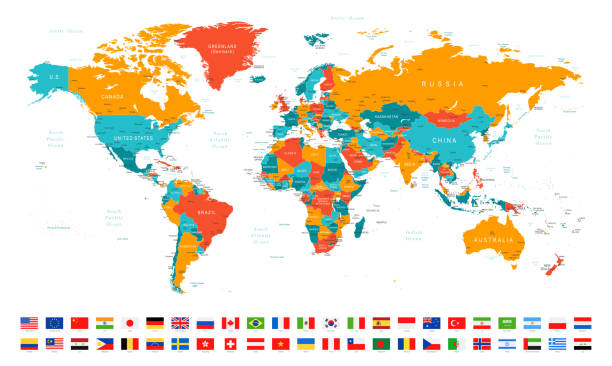 illustrations, cliparts, dessins animés et icônes de 065-rouge orange blues et drapeaux - carte monde