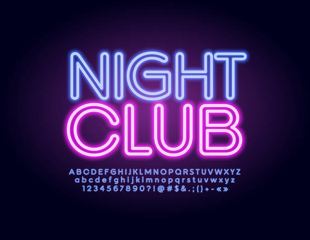 Vector illuminated emblem Night Club with modern glowing Alphabet. Neon trendy Font Violet Letters, Numbers and Symbols entertainment club stock illustrations