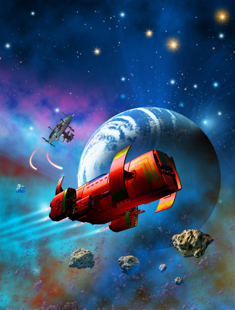 istock Red spaceship flying around a planet like earth, background with nebula and stars, 3d illustration 1138476928