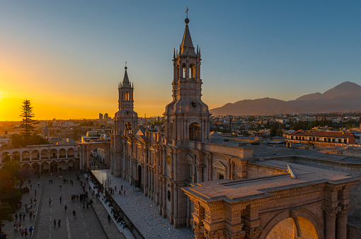 Cityscape of Arequipa with its Catholic Cathedral and Plaza de Armas main square in the Andes mountain range of Peru.