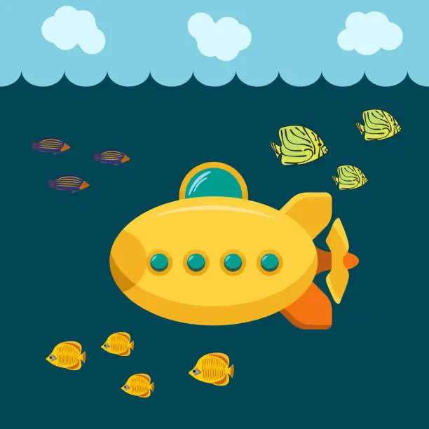 Vector illustration of Yellow submarine, Underwater with fish. Ocean background. Expedition in the depths of the sea. Bathyscaphe Flat cartoon style. Vector image.
