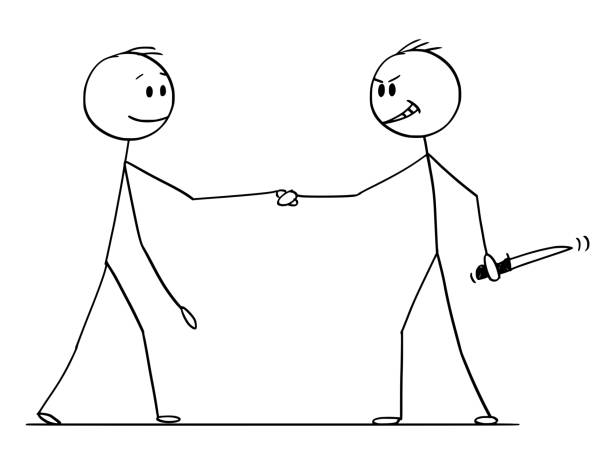Cartoon of Two Men or Businessmen or Politicians Handshaking, One With Knife in Hand Cartoon stick figure drawing conceptual illustration of two men or businessmen or politicians handshaking, one of them with knife hidden in hand. lying friends quotes stock illustrations