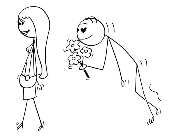 ilustrações de stock, clip art, desenhos animados e ícones de cartoon of beautiful young woman and amorous swain following her with flowers - suitor