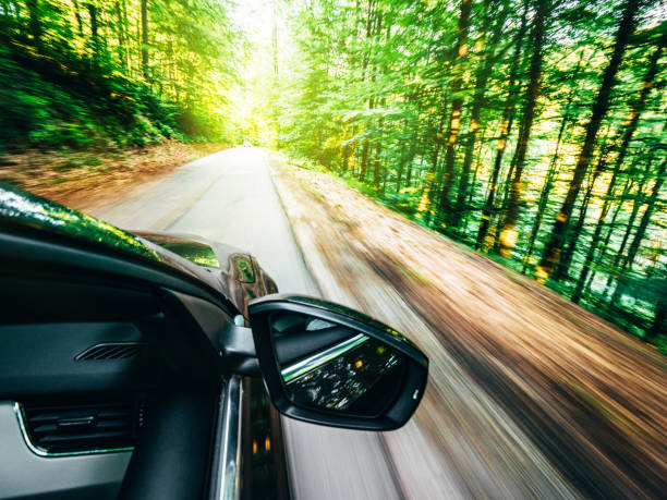 istock Car driving fast on forest road highway 1138481620