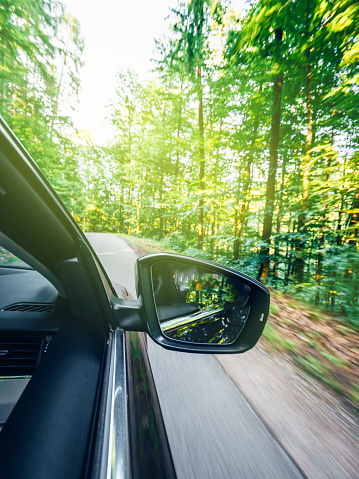 Vertical view of new modern car driving fast into forest with tall trees and empty mountain highway escaping running evading from all concept concept