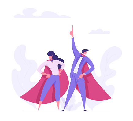 Super Hero Businessman and Business Woman Characters in Red Cape. Leadership Teamwork, Career Growth, Goal Achievement Concept. Flat Vector Cartoon Illustration