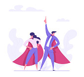 istock Super Hero Businessman and Business Woman Characters in Red Cape. Leadership Teamwork, Career Growth, Goal Achievement Concept. Flat Vector Cartoon Illustration 1138482627