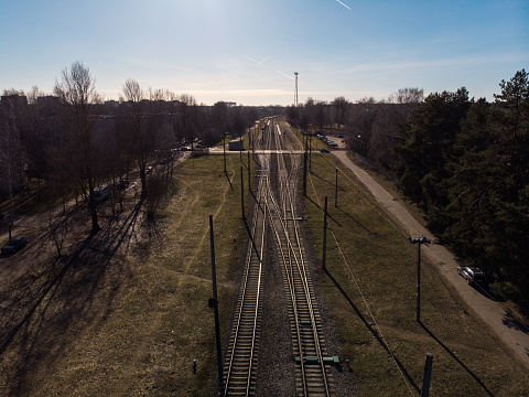 Top aerial view of some railraod tracks -Texture isolated shot of railway - Drone photo