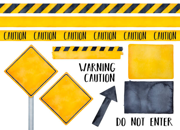 黒いボーダーと背の高い金属のポールと空白の黄色の道路標識。正方形の形状、1つのオブジェクト、正面図。ドライバに警告するためによく使用されます。handdrawn 水彩グラフィックスケッ� - backgrounds dirty metal industry点のイラスト素材／クリップアート素材／マンガ素材／アイコン素材