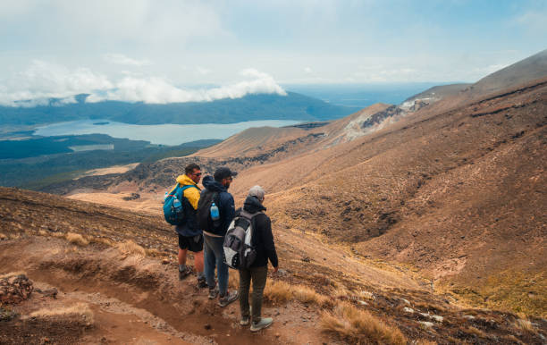Overlooking at view during Tongariro Crossing. Scenic view from famous Tongariro crossing, New Zealand. tongariro national park photos stock pictures, royalty-free photos & images