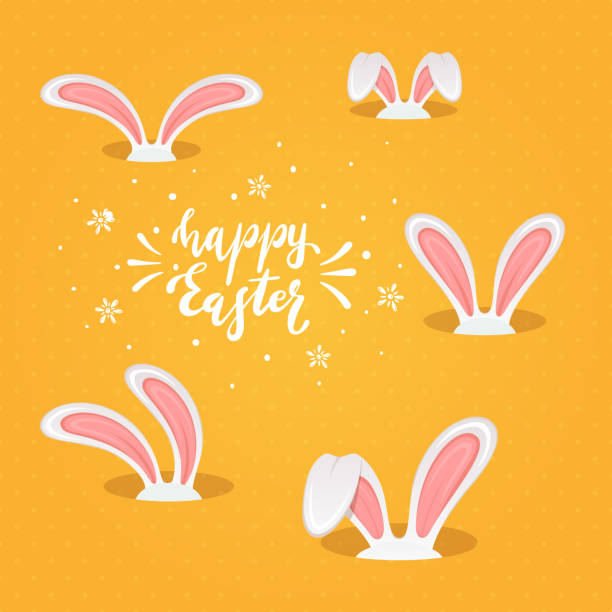 napis happy easter z uszy królika na pomarańczowym tle - pattern easter flower spotted stock illustrations