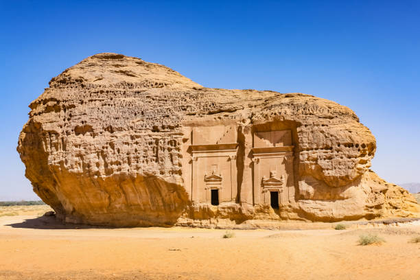 Nabatean rock tombs of Mada'in Saleh Saudi Arabia Stock photograph of rock-cut tombs of Mada'in Saleh, from the time of the Nabatean kingdom, UNESCO world heritage site near Al Ula, Saudi Arabia. al madinah photos stock pictures, royalty-free photos & images