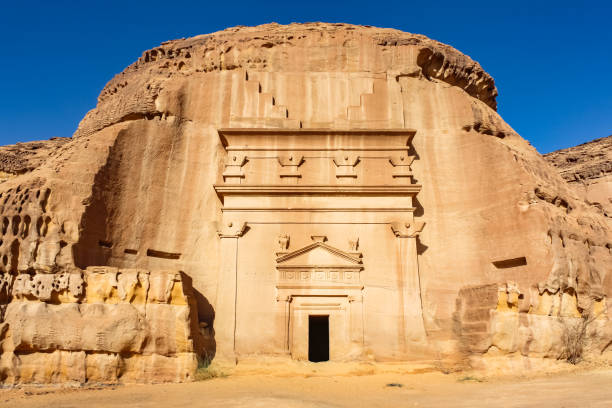 Rock-cut tombs of Mada'in Saleh Saudi Arabia Stock photograph of rock-cut tombs of Mada'in Saleh, from the time of the Nabatean kingdom, UNESCO world heritage site near Al Ula, Saudi Arabia. al madinah photos stock pictures, royalty-free photos & images