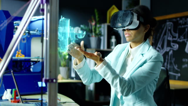 Female scientist using VR headset