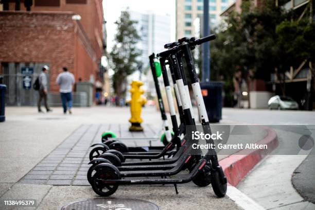 Electric Scooters For Rent Stock Photo - Download Image Now - Electric Push Scooter, Motor Scooter, Bicycle