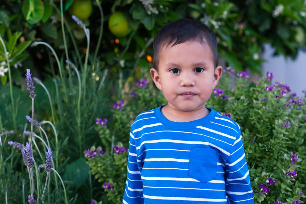 der zweijährige junge mit ernstem ausdruck steht vor frühlingsblumen in einem naturgarten. - disaffection stock-fotos und bilder