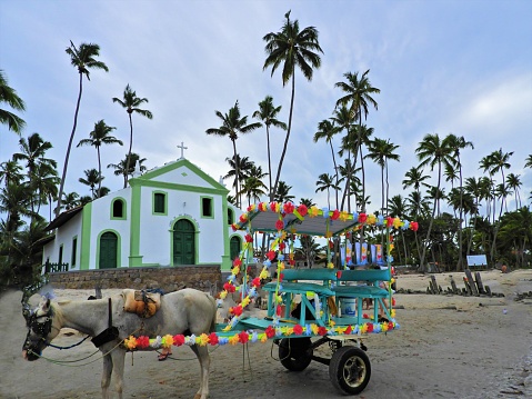Carneiros’s Beach, Pernambuco, Brazil: church localized on the famous beach. Travel destination. Vacation travel.