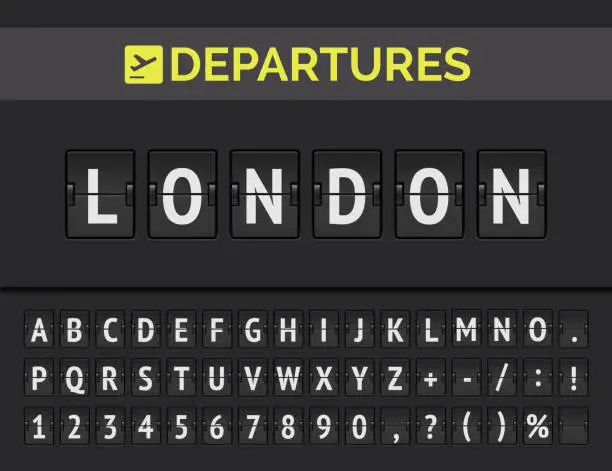 Vector illustration of Airport flip board font showing flight departure destination in Europe London. Vector