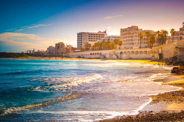 View of the Mediterranean Sea. Monastir. Tunisia. View of the Mediterranean Sea. Monastir. Tunisia. Panoramic view of the city and the coast opens from the observation tower Ribat tunisia beach stock pictures, royalty-free photos & images