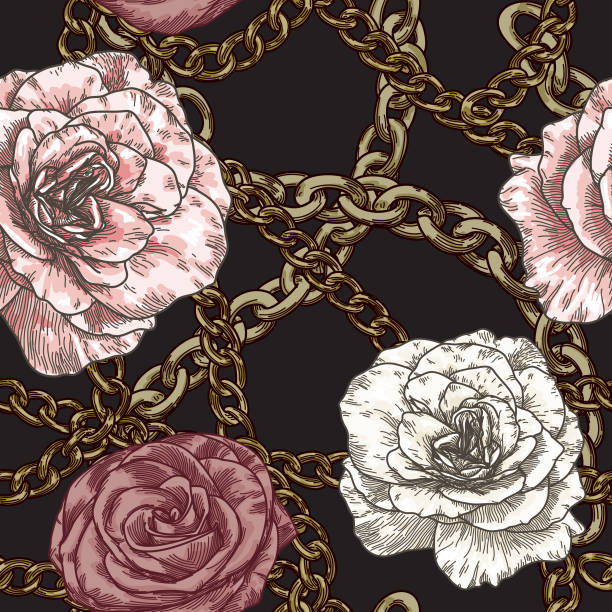 80年代の90年代のレトロなバロックゴールドチェーンパターン - baroque style wallpaper pink retro revival点のイラスト素材／クリップアート素材／マンガ素材／アイコン素材