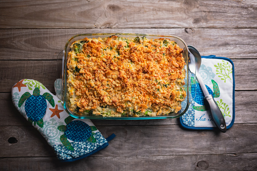 Turkey casserole with broccoli, rice and crumbled crackers