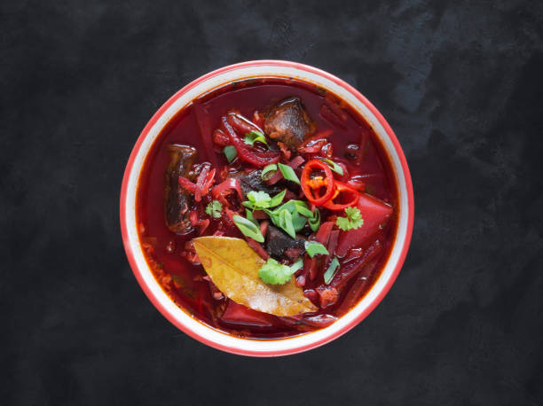 istock Bowl of beet soup. Ukrainian borsch. Top view. 1138513156
