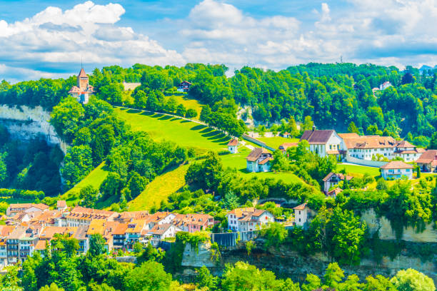 valley of river sarine in fribourg, switzerland - fribourg canton imagens e fotografias de stock